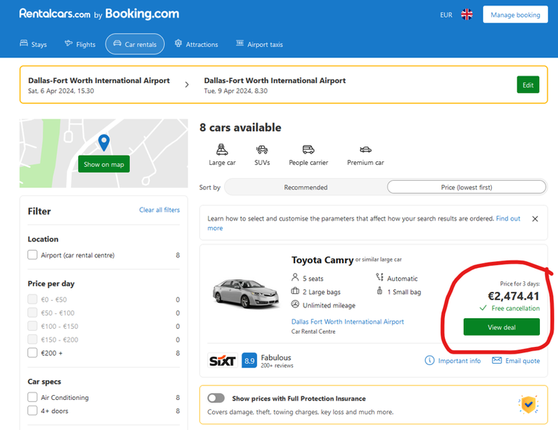 Screenshot from Rentalcars.com citing a 2474 euro price for a 3-day car rental